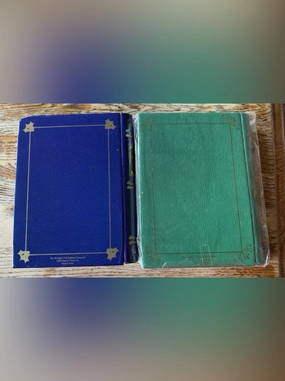 Set Of 2 Christmas Book Shaped Tins Holiday Decor Santa Green Blue
